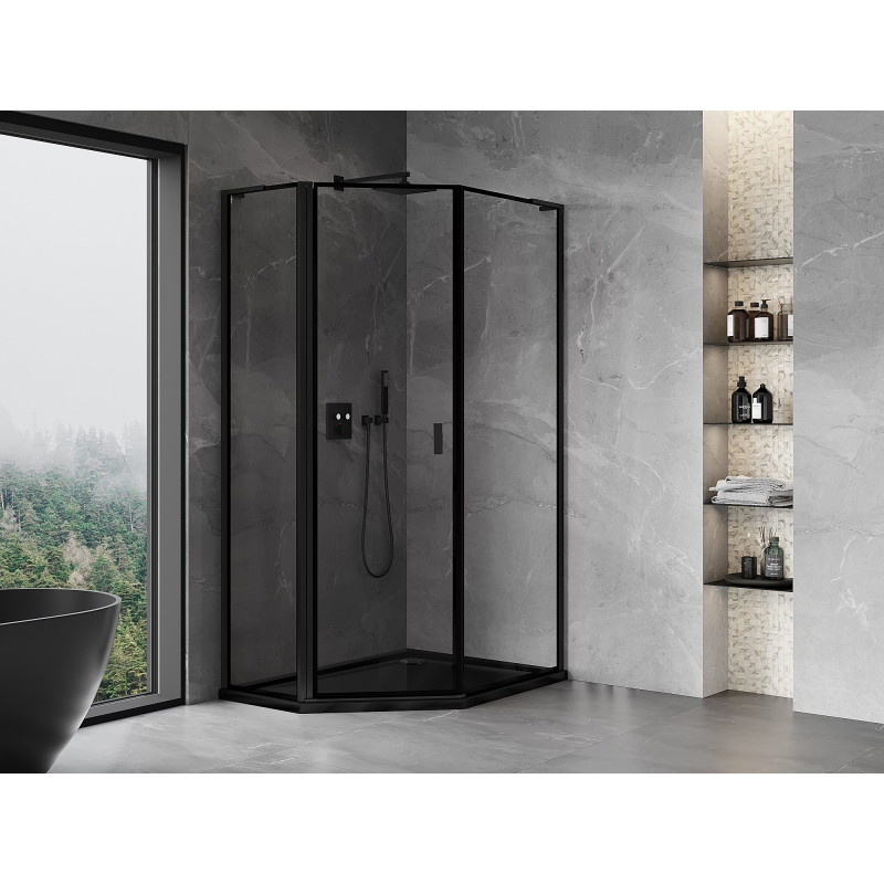 Mexen Mist L cabina de duș pentagonală asimetrică, pivotantă stânga 80 x 90 cm, cadru negru, negru - 8A8L-080-090-70-70-L