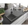 Mexen Bruno chiuvetă de granit cu un compartiment, cu picurător și baterie de bucătărie Rita, gri - 6513-71-670300-70-B