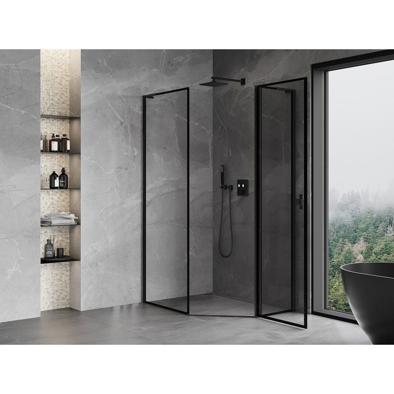Mexen Mist L cabină de duș pentagonală asimetrică pivotantă dreapta 80 x 90 cm, cadru negru, negru - 8A8L-080-090-70-70-P