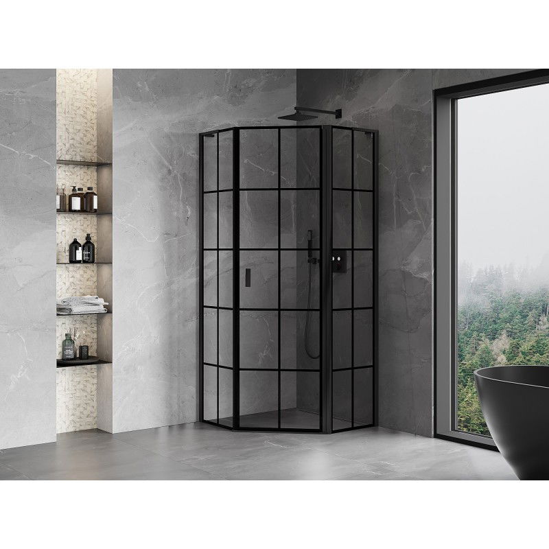 Mexen Mist L cabină de duș pentagonală cu deschidere dreapta 80 x 80 cm, grilaj negru, negru - 8A8L-080-080-70-77-P