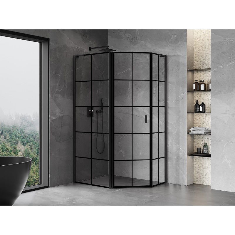 Mexen Mist L cabina de duș pentagonală asimetrică cu ușă batantă pe stânga 100 x 80 cm, grilaj negru, neagră