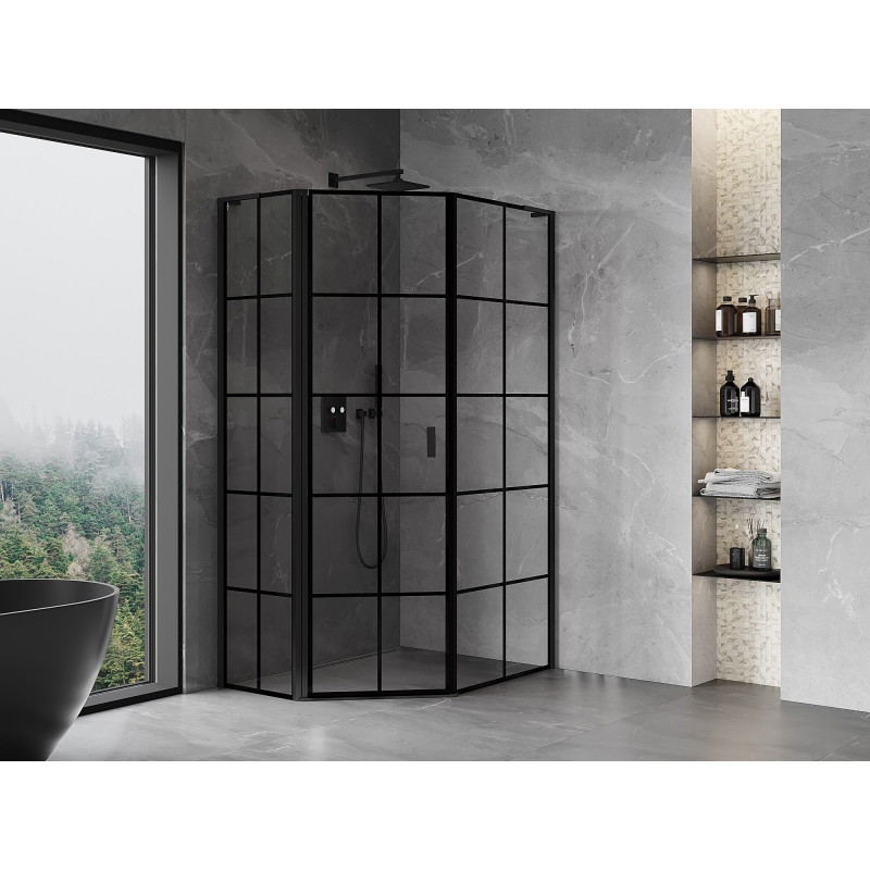 Mexen Mist L cabină de duș pentagonală asimetrică, cu deschidere pe stânga, 80 x 90 cm, grilaj negru, neagră