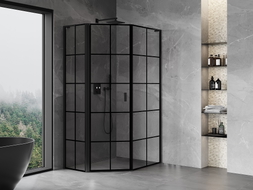 Mexen Mist L aszimetriás ötszögletű zuhanykabin, balra nyíló 80 x 90 cm, fekete rács, fekete - 8A8L-080-090-70-77-L