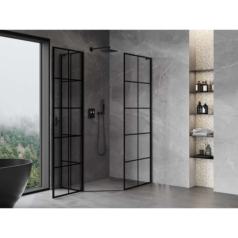 Mexen Mist L cabină de duș pentagonală asimetrică, cu deschidere pe stânga, 80 x 90 cm, grilaj negru, neagră