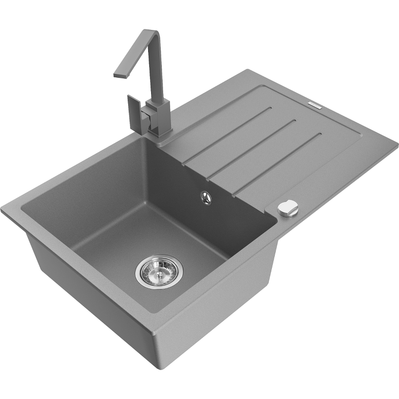 Mexen Bruno chiuvetă din granit cu 1 compartiment, cu picurător și baterie de bucătărie Rita, gri - 6513-71-670300-71