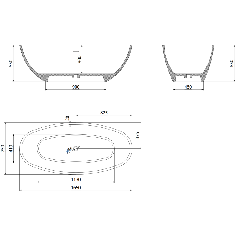 Mexen Bari cadă de sine stătătoare din conglomerat 165 x 75 cm, negru mat - 57221657570