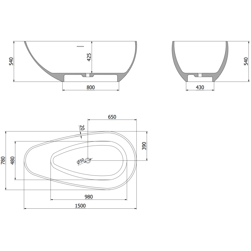 Mexen Palermo cadă freestanding din conglomerat 150 x 78 cm, negru mat - 57211507870