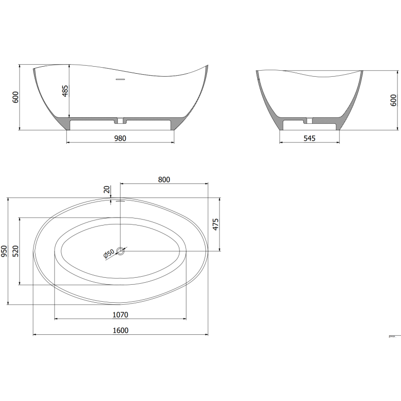 Mexen Parma cadă de sine stătătoare din conglomerat 160 x 95 cm, negru mat - 57231609570