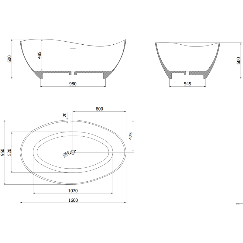 Mexen Parma cadă freestanding din conglomerat 160 x 95 cm, alb mat - 57231609500