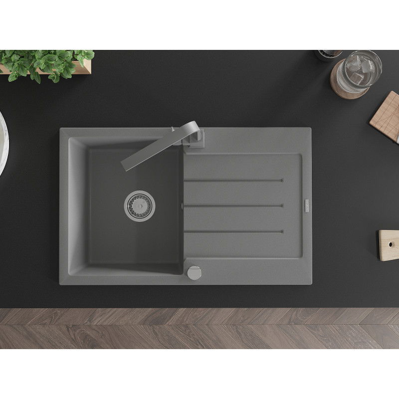 Mexen Bruno egymedencés gránit mosogató medencemosóval és Rita konyhai csappal, szürke - 6513-71-670300-71
