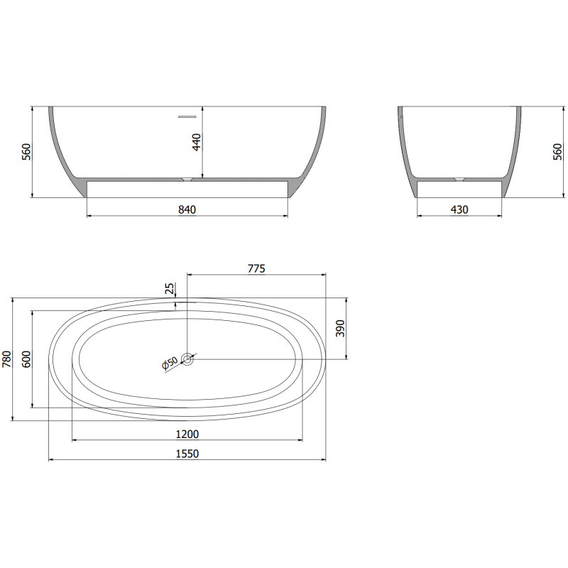 Mexen Torino cadă freestanding din conglomerat 155 x 78 cm, alb lucios - 57271557810
