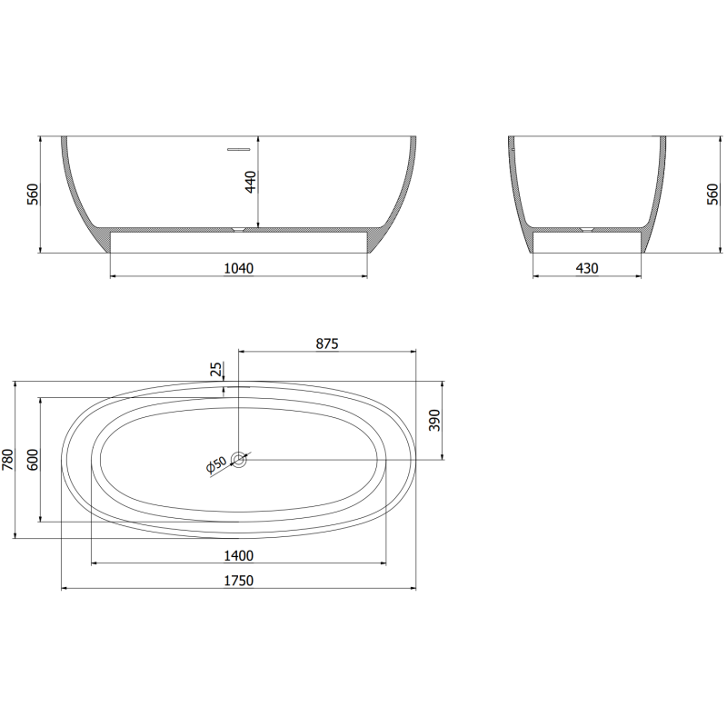 Mexen Torino szabadon álló konglomerátum kád 175 x 78 cm, beton matt - 57271757861