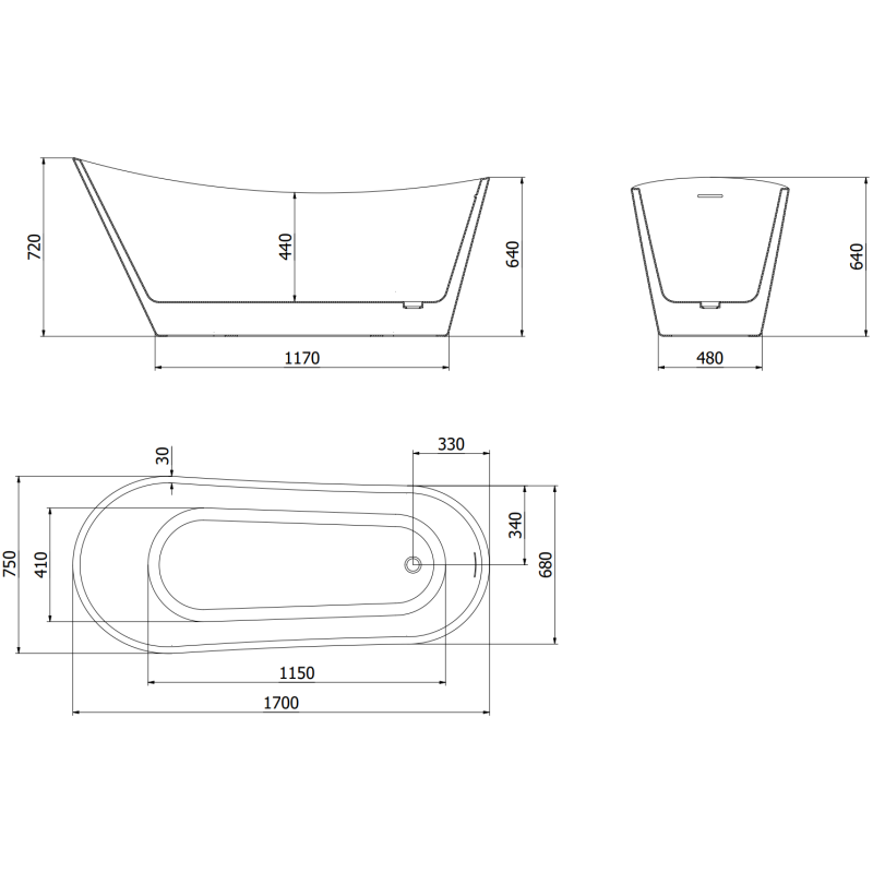 Mexen Alta cadă freestanding 170 x 75 cm, albă, preaplin gun gray periat - 52141707500-66