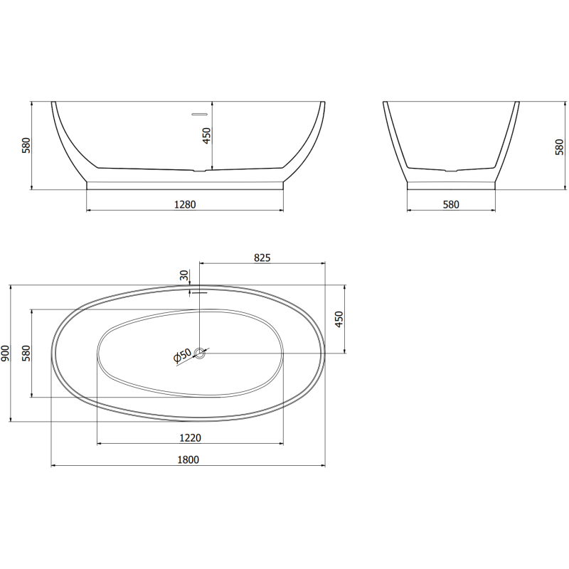 Mexen Bilbao cadă freestanding 180 x 90 cm, albă/neagră, preaplin nichel periat - 51311809075-97