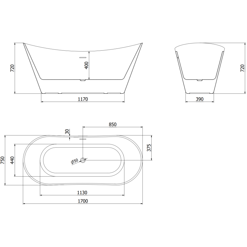 Mexen Celia cadă de sine stătătoare 170 x 75 cm, albă, preaplin nichel periat - 52331707500-97