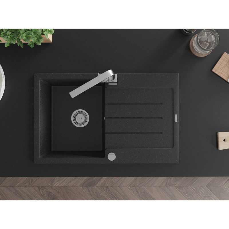 Mexen Bruno 1-kamrás gránit mosogató csepegtetővel és Rita konyhai csapteleppel, fekete/ezüst metál - 6513-73-670300-00
