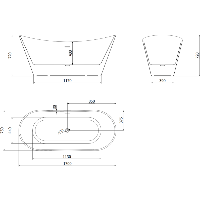 Mexen Celia szabadon álló kád 170 x 75 cm, fehér/fekete, krómozott túlfolyó - 52331707575-01