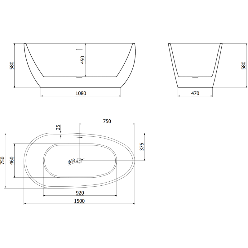 Mexen Eos cadă freestanding 150 x 75 cm, albă, preaplin auriu - 52471507500-50