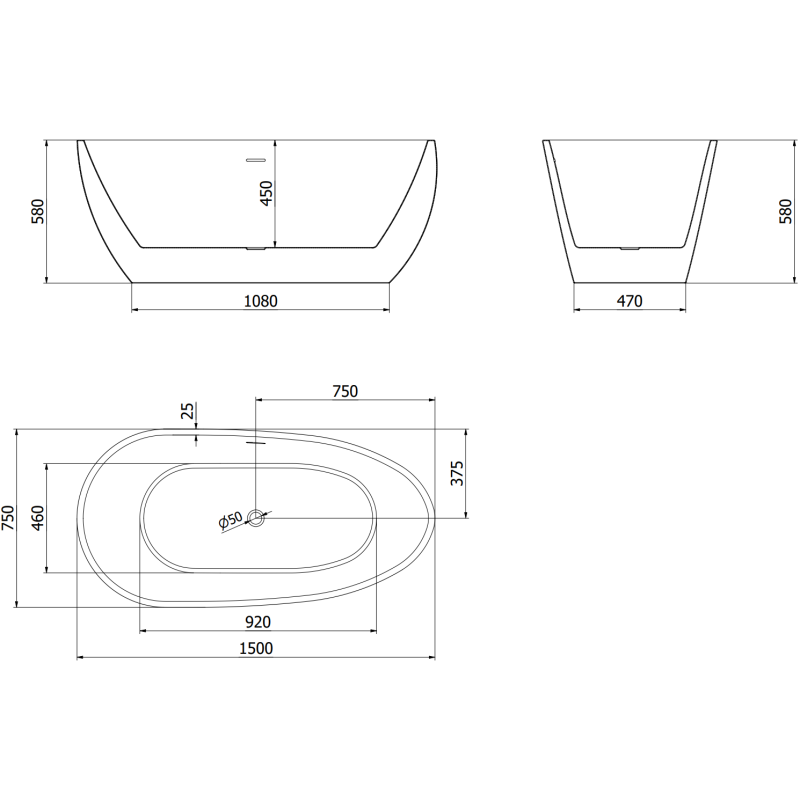 Mexen Eos cadă de sine stătătoare 150 x 75 cm, albă/neagră, preaplin aur roz - 52471507575-60