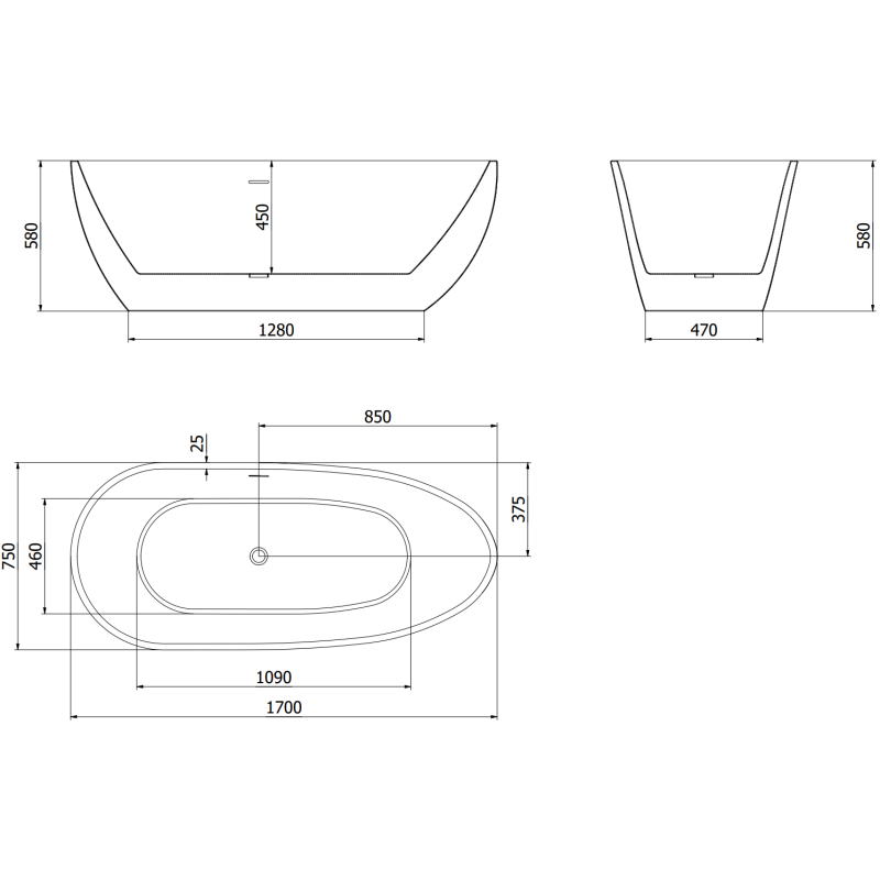 Mexen Eos cadă freestanding 170 x 75 cm, albă, preaplin gun metal - 52471707500-95