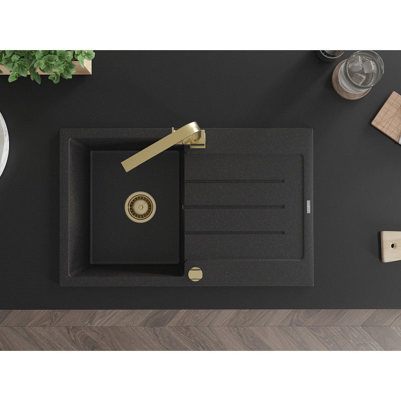 Mexen Bruno chiuvetă din granit cu 1 compartiment și scurgător, cu baterie de bucătărie Rita, negru/argintiu metalic