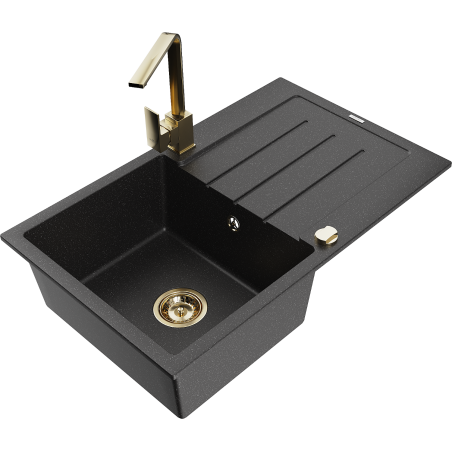 Mexen Bruno chiuvetă din granit cu 1 compartiment și scurgător, cu baterie de bucătărie Rita, negru/argintiu metalic