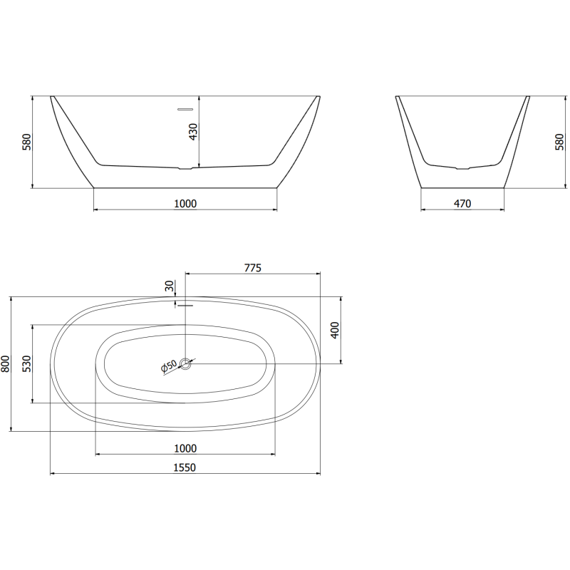 Mexen Eris cadă freestanding 155 x 80 cm, albă/neagră, preaplin auriu periat - 53441558075-55