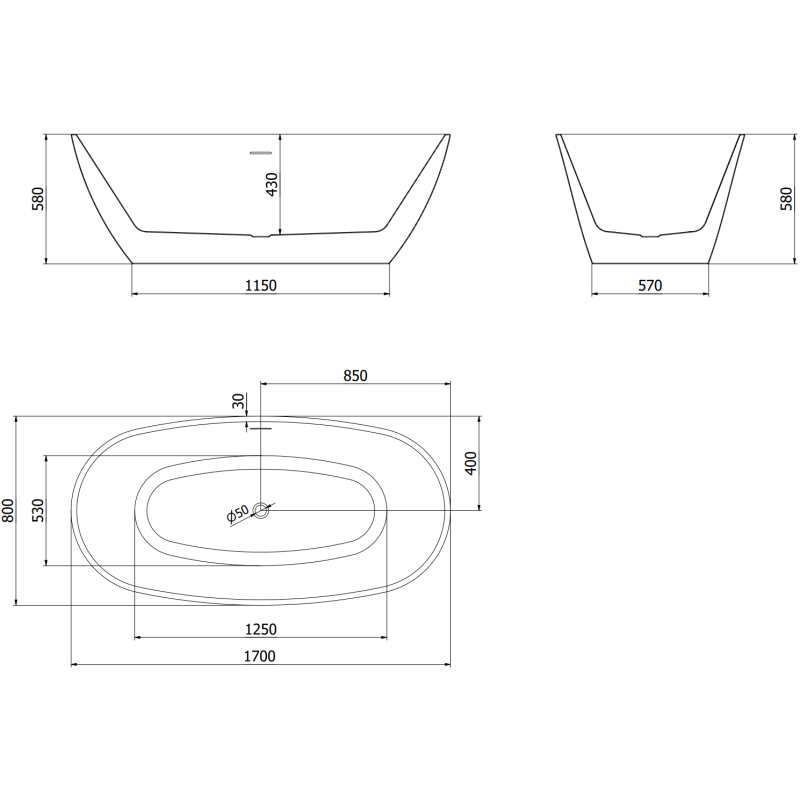 Mexen Eris cadă de baie freestanding 170 x 80 cm, albă/neagră, preaplin negru - 53441708075-70