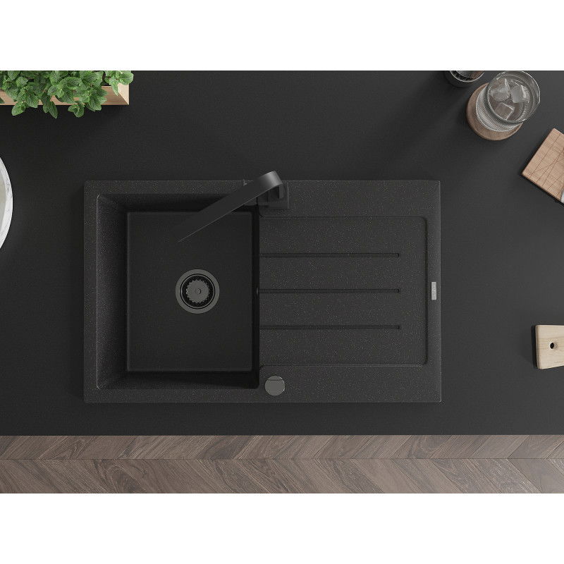 Mexen Bruno chiuvetă granit cu o cuvă și picurător și baterie de bucătărie Rita, negru/argintiu metalic
