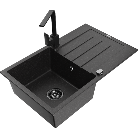 Mexen Bruno egykamrás gránit mosogató csepegtetővel és Rita konyhai csappal, fekete/ezüst metál - 6513-73-670300-70-B