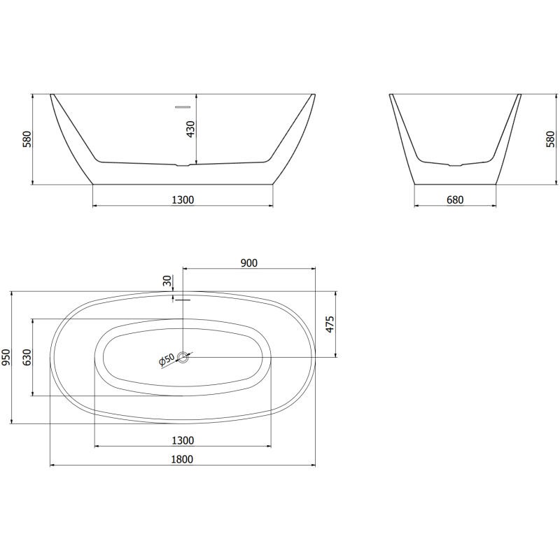 Mexen Eris szabadon álló kád 180 x 95 cm, fehér/fekete, arany túlfolyó - 53441809575-50
