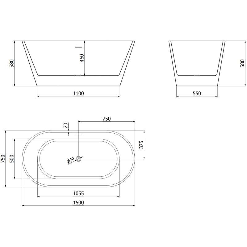 Mexen Flavia cadă freestanding 150 x 75 cm, albă/neagră, preaplin gri armat periat - 54031507575-66