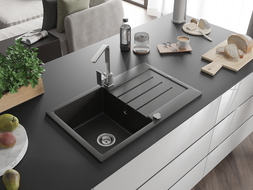 Chiuvetă granit Mexen Bruno, 1 cuvă cu scurgător și baterie bucătărie Rita, negru/auriu metalic - 6513-75-670300-00
