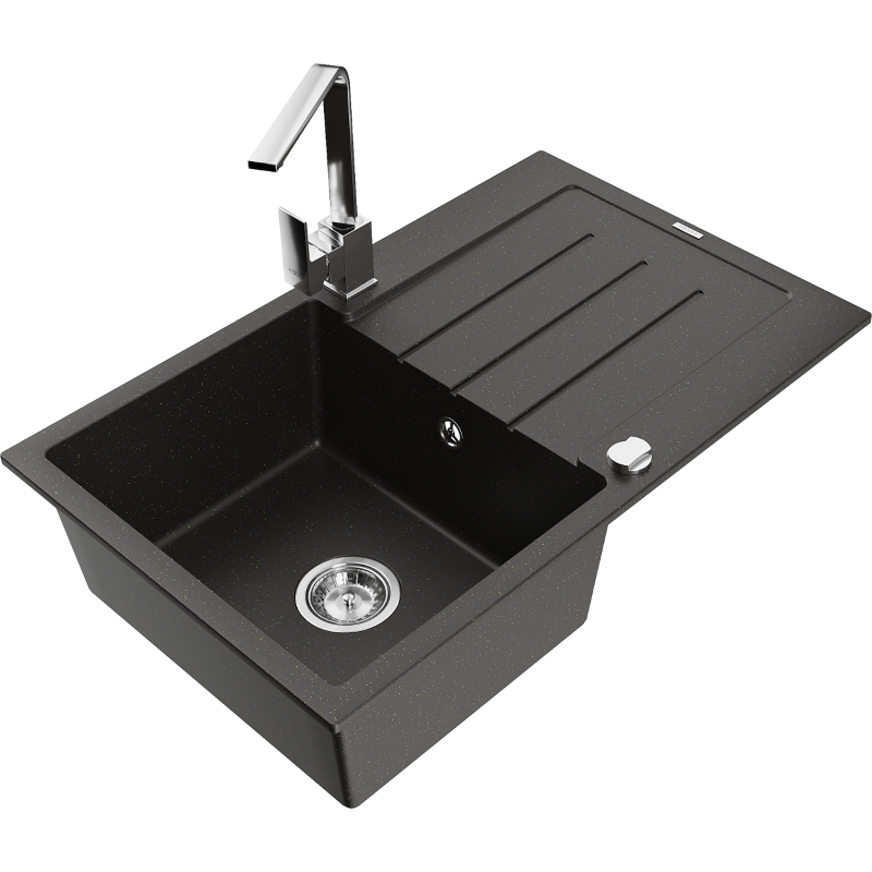 Chiuvetă granit Mexen Bruno, 1 cuvă cu scurgător și baterie bucătărie Rita, negru/auriu metalic - 6513-75-670300-00
