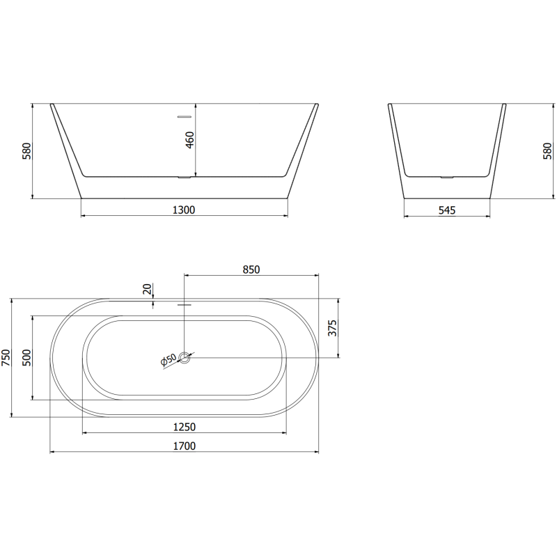 Mexen Flavia cadă freestanding 170 x 75 cm, albă/neagră, preaplin cupru periat - 54031708075-65