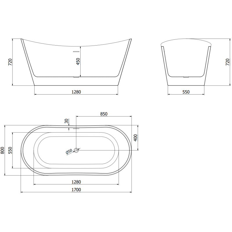 Mexen Montana cadă freestanding 170 x 80 cm, neagră, preaplin auriu periat - 52011708070-55