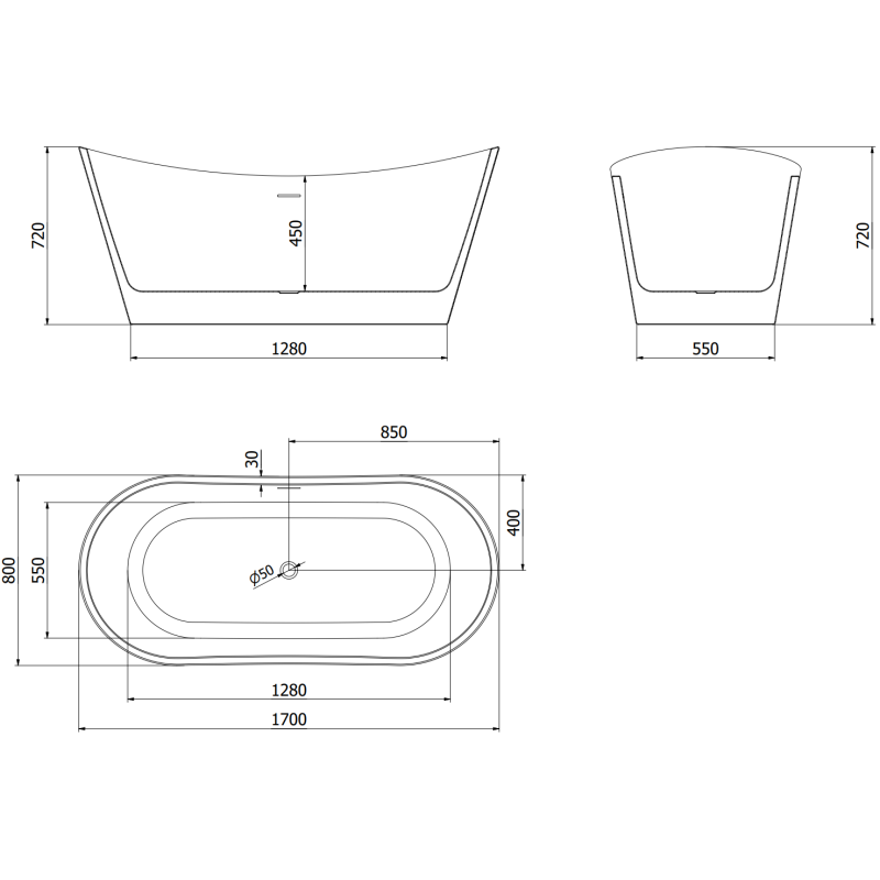 Mexen Montana szabadon álló kád 170 x 80 cm, fehér/fekete, króm túlfolyó - 52011708075-01