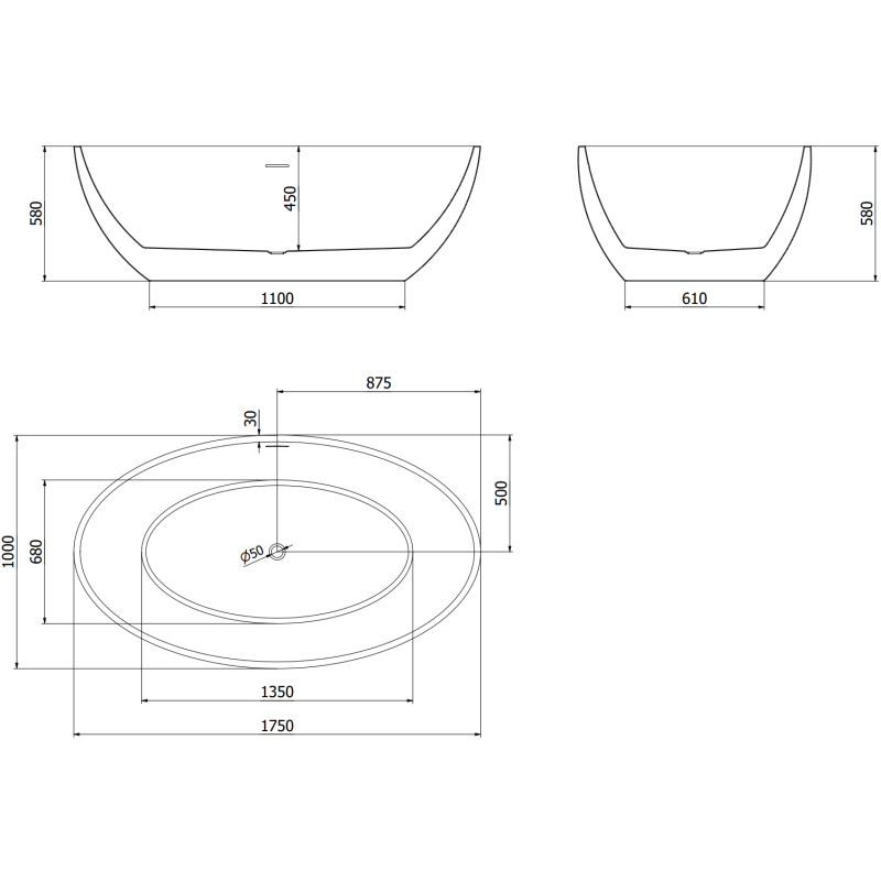 Mexen Nike cadă de baie freestanding 175 x 100 cm, albă, preaplin auriu - 54071751000-50