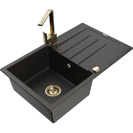 Mexen Bruno chiuvetă de granit cu 1 compartiment, cu picurător și baterie de bucătărie Rita, negru/auriu metalizat