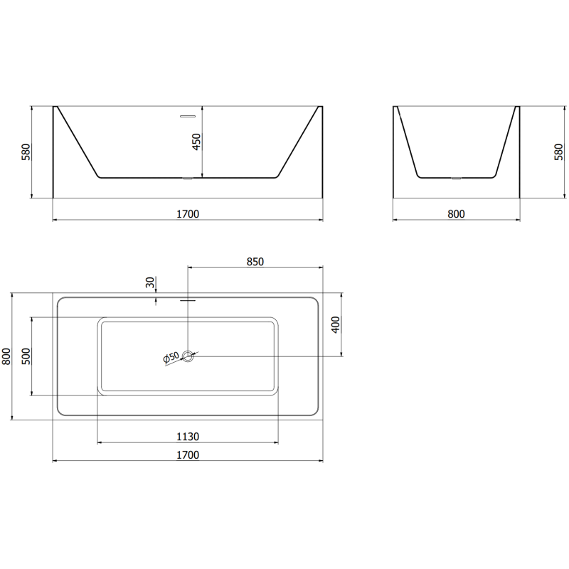 Mexen Nita cadă de baie freestanding 170 x 80 cm, albă, preaplin negru - 52091708000-70