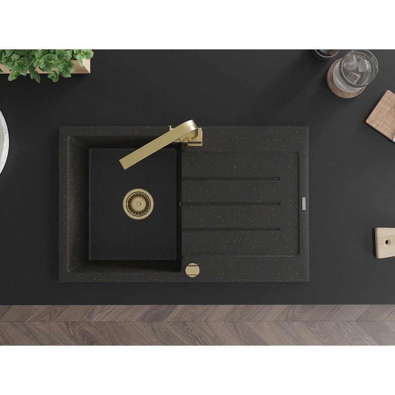 Mexen Bruno chiuvetă de granit cu 1 compartiment, cu picurător și baterie de bucătărie Rita, negru/auriu metalizat