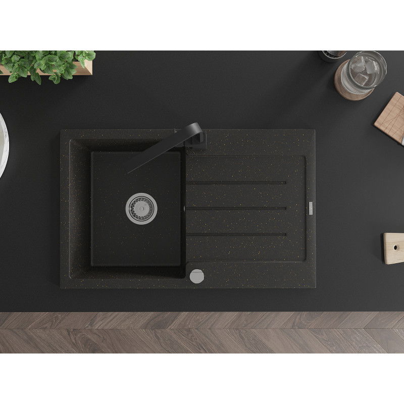 Mexen Bruno 1-medencés gránit mosogató csepegtetővel és Rita konyhai csapteleppel, fekete/ezüst metál - 6513-73-670300-70