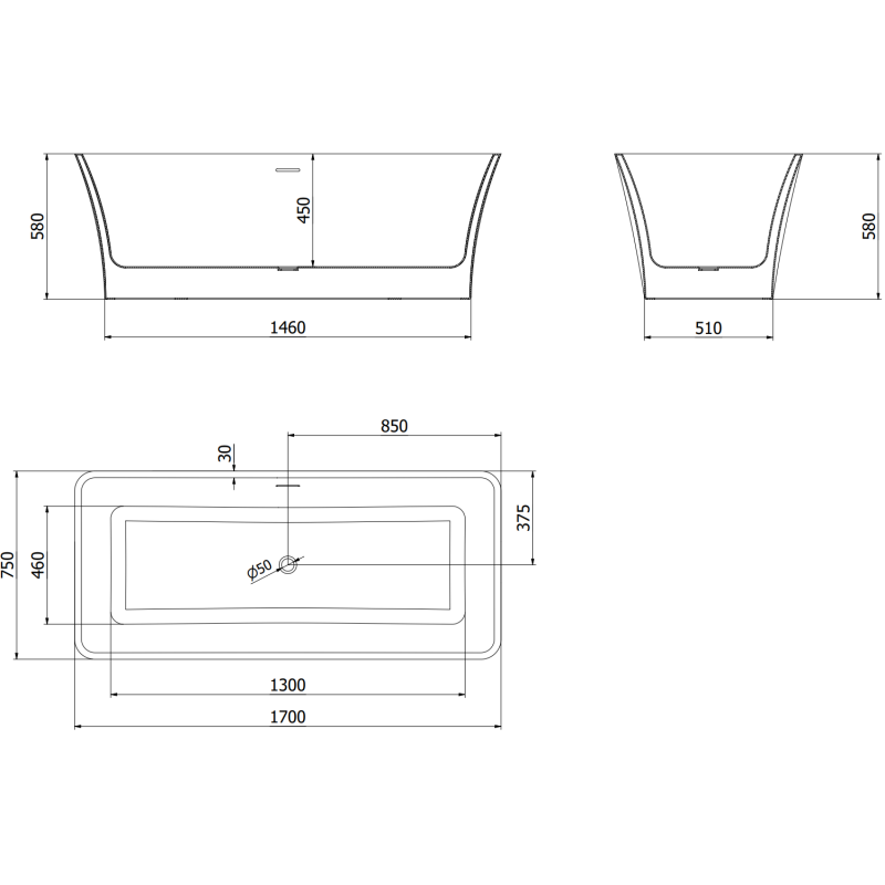 Mexen Tonia cadă freestanding 170 x 75 cm, albă, preaplin aur roz - 52171707500-60