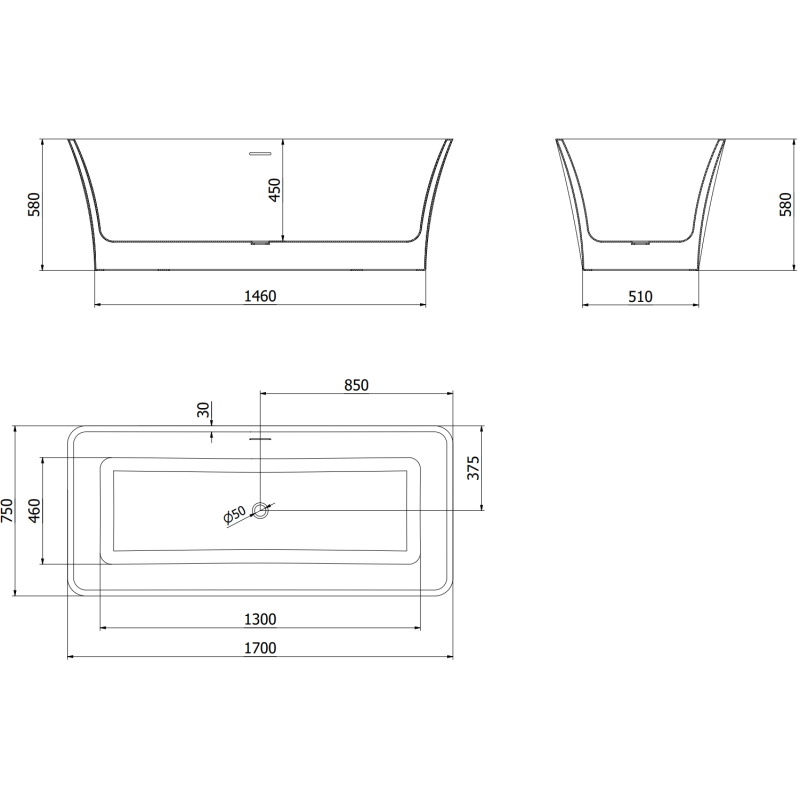 Mexen Tonia cadă independentă 170 x 75 cm, albă/neagră, preaplin crom - 52171707575-01