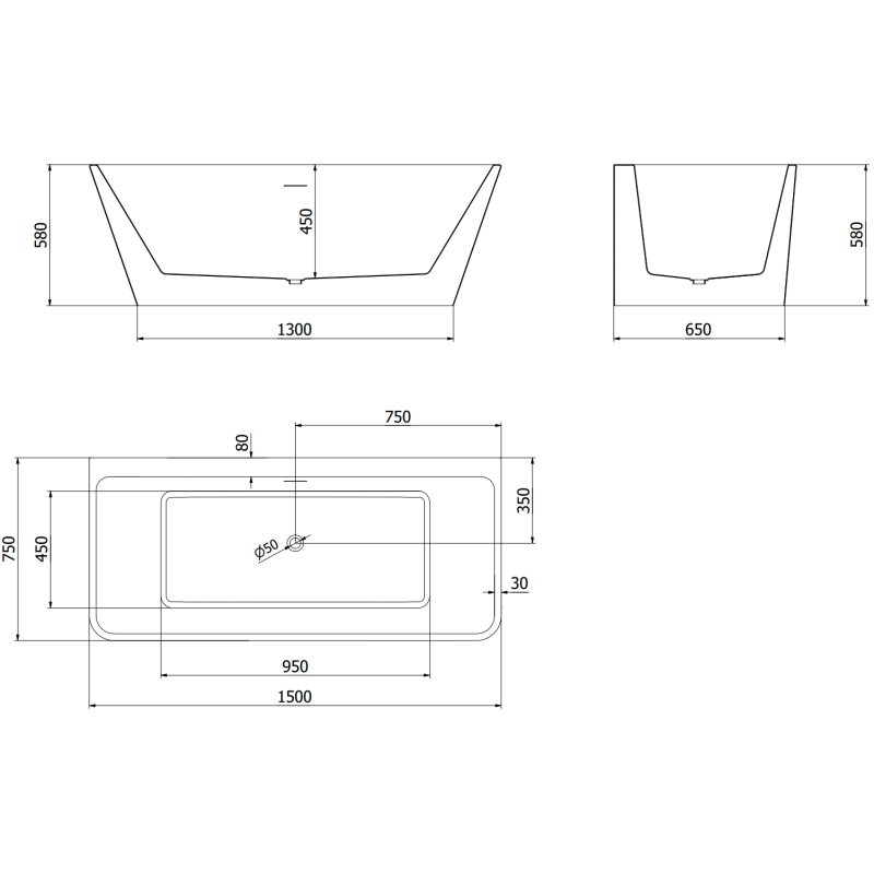 Mexen Volta cadă freestanding lângă perete 150 x 75 cm, alb/negru, preaplin alb - 51131507575-20