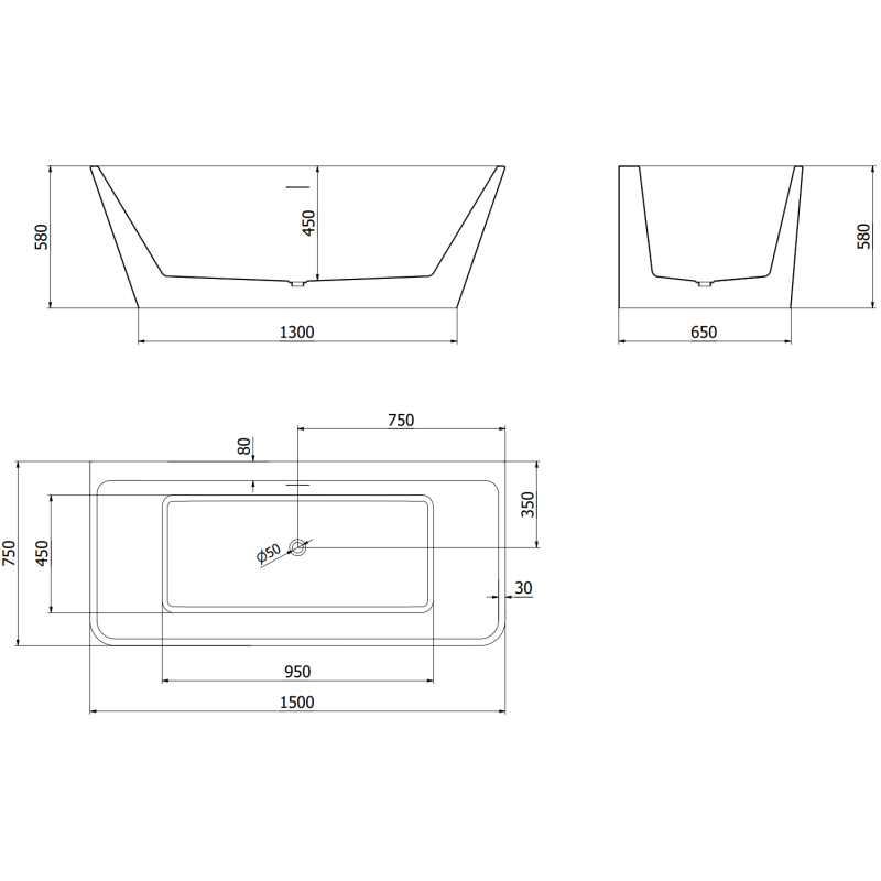 Mexen Volta vană de sine stătătoare lipită de perete 150 x 75 cm, albă/neagră, preaplin cupru periat - 51131507575-65