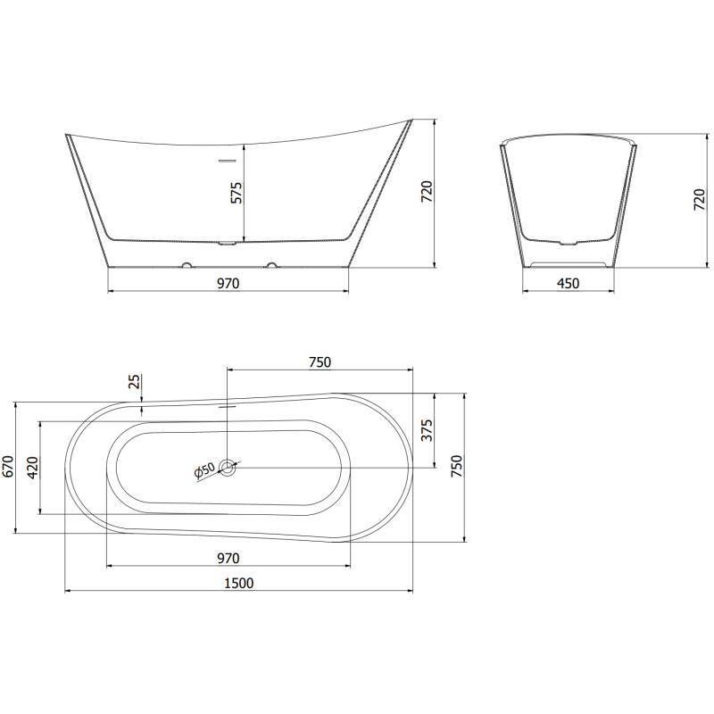 Mexen Dora cadă freestanding 150 x 75 cm, albă/neagră, preaplin nichel periat - 52071507575-97