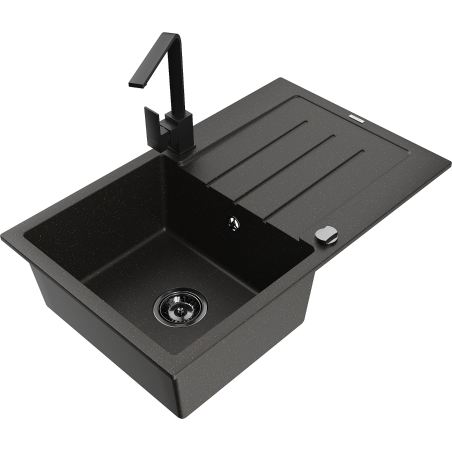 Mexen Bruno chiuvetă de granit cu o cuvă și scurgător, cu baterie de bucătărie Rita, negru/auriu metalizat
