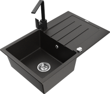 Mexen Bruno chiuvetă de granit cu o cuvă, cu scurgător și baterie de bucătărie Rita, negru/auriu metalizat