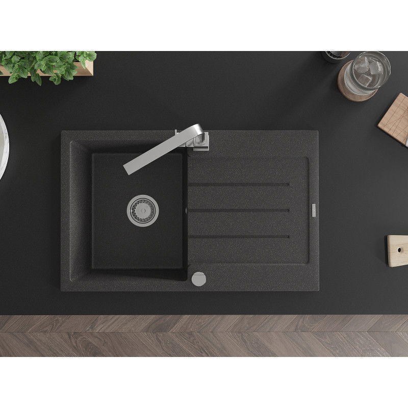 Mexen Bruno egymedencés gránit mosogató csepegtetővel és Rita konyhai csapteleppel, fekete foltos - 6513-76-670300-00